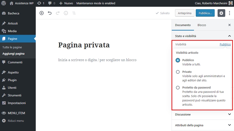 Come creare pagina privata WordPress-Step2