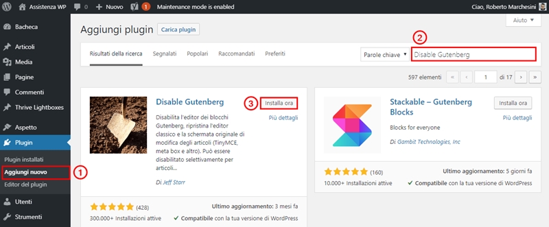 Come disabilitare Gutenberg WordPress-Step1