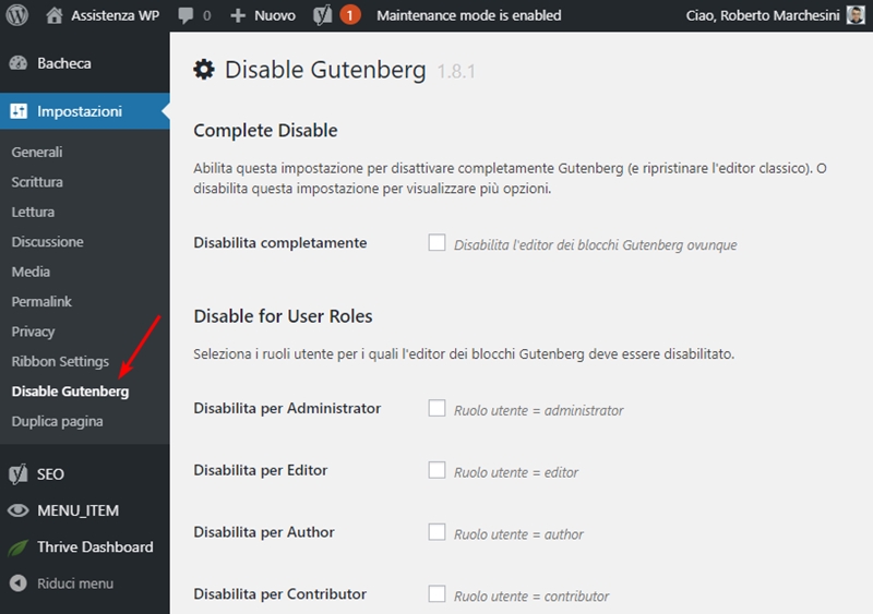 Come disabilitare Gutenberg WordPress-Step2