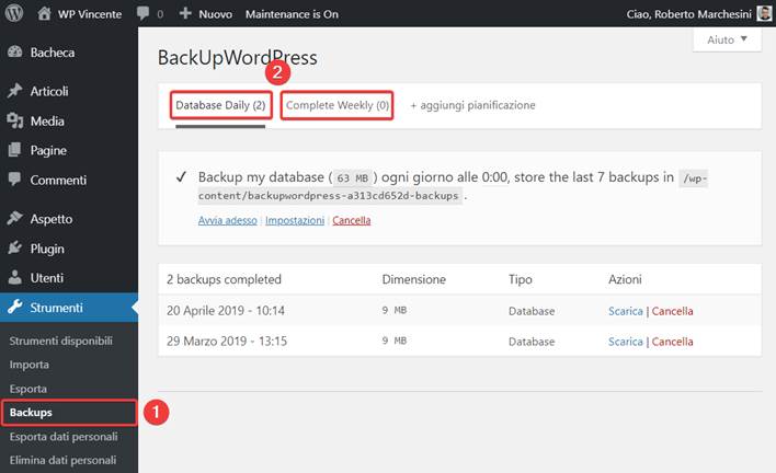 Come fare backup WordPress plugin-Step2